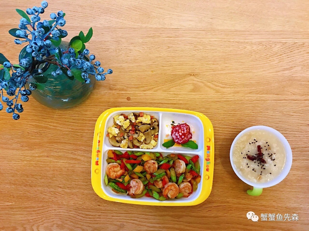 快手儿童餐-芦笋虾仁+口蘑炒蛋+凉拌樱桃萝卜+红薯枸杞粥的做法