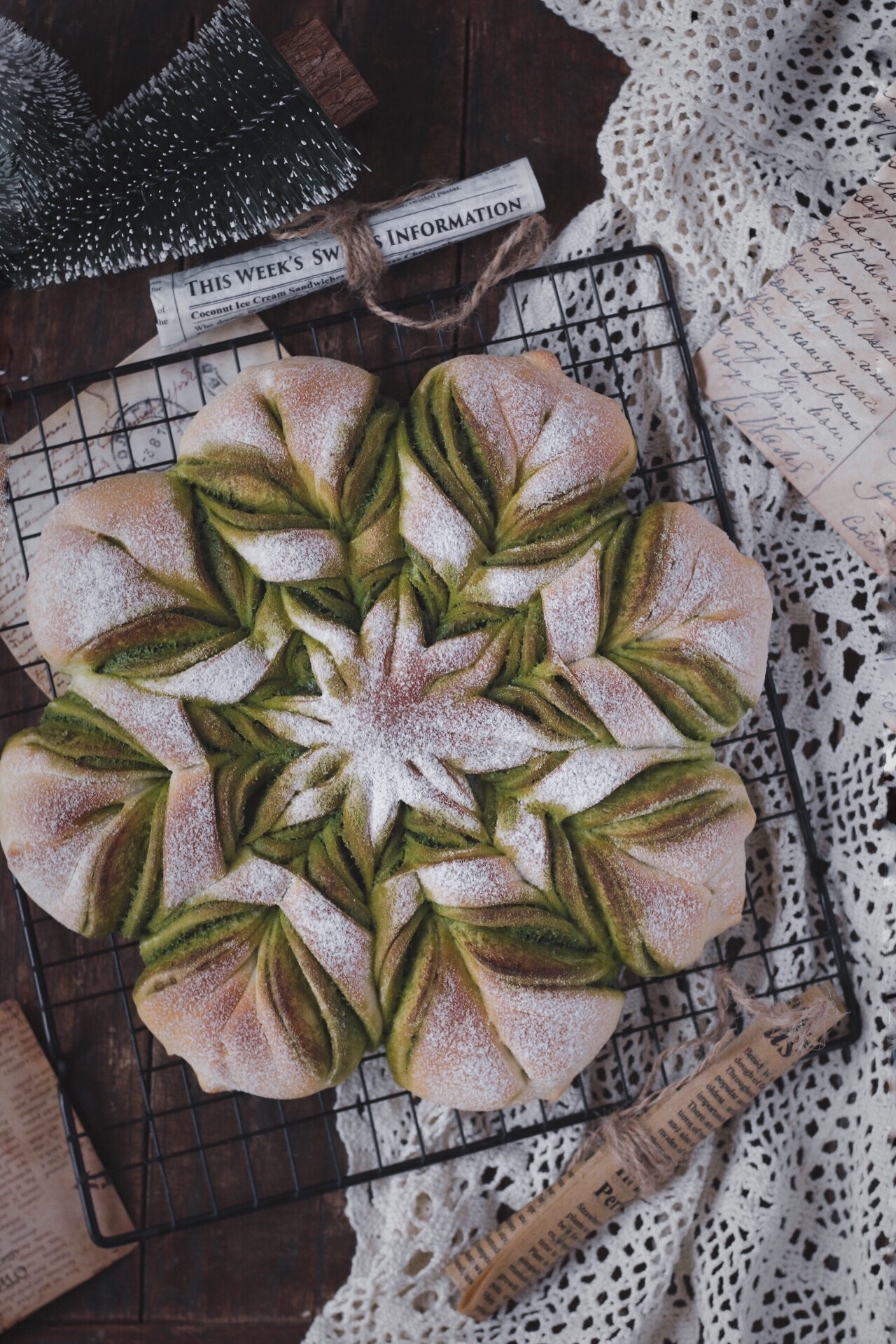 抹茶奶酥❄️圣诞雪花面包｜一次发酵的做法