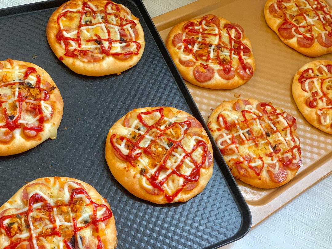 🍕快手简单｜一次发酵｜可可爱爱火腿披萨小面包｜学生早餐
