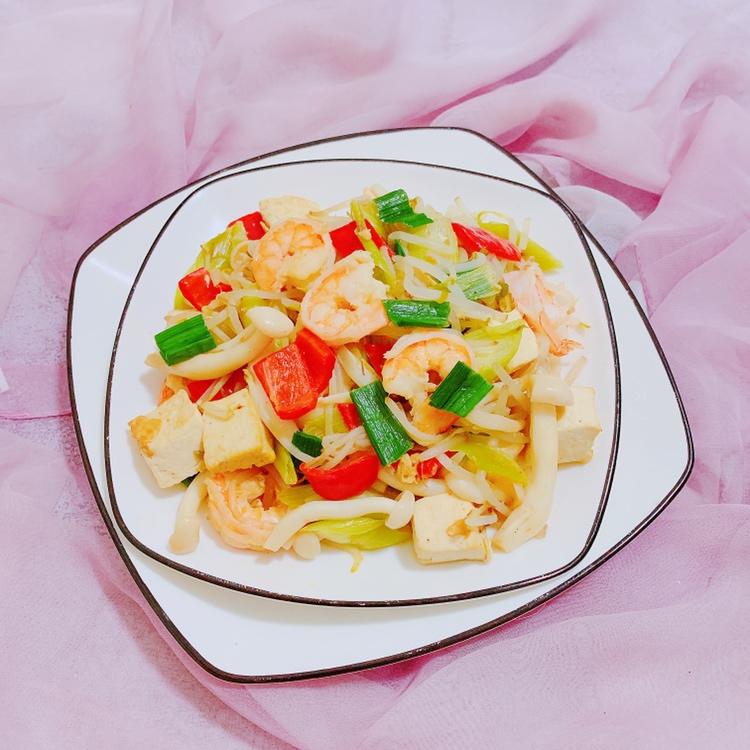 减脂餐/虾仁海鲜菇烧豆腐的做法