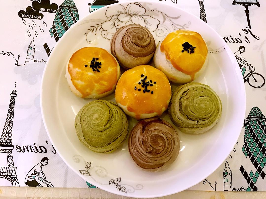 蛋黄酥~紫薯、抹茶、原味~花好月圆，中秋快乐~内附一次做六色蛋黄酥方法~