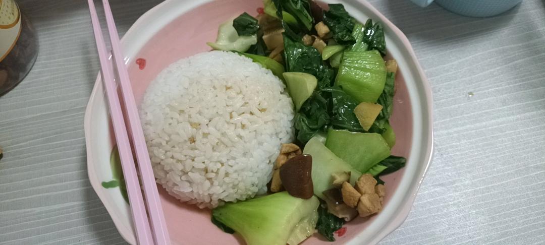 鸡腿蘑菇炖油菜+红豆饭+菠萝