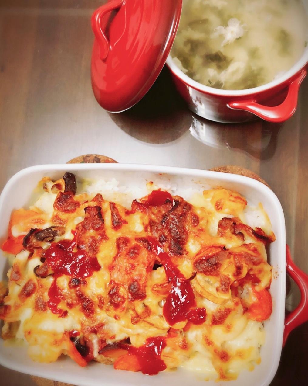 虾仁培根芝士焗饭