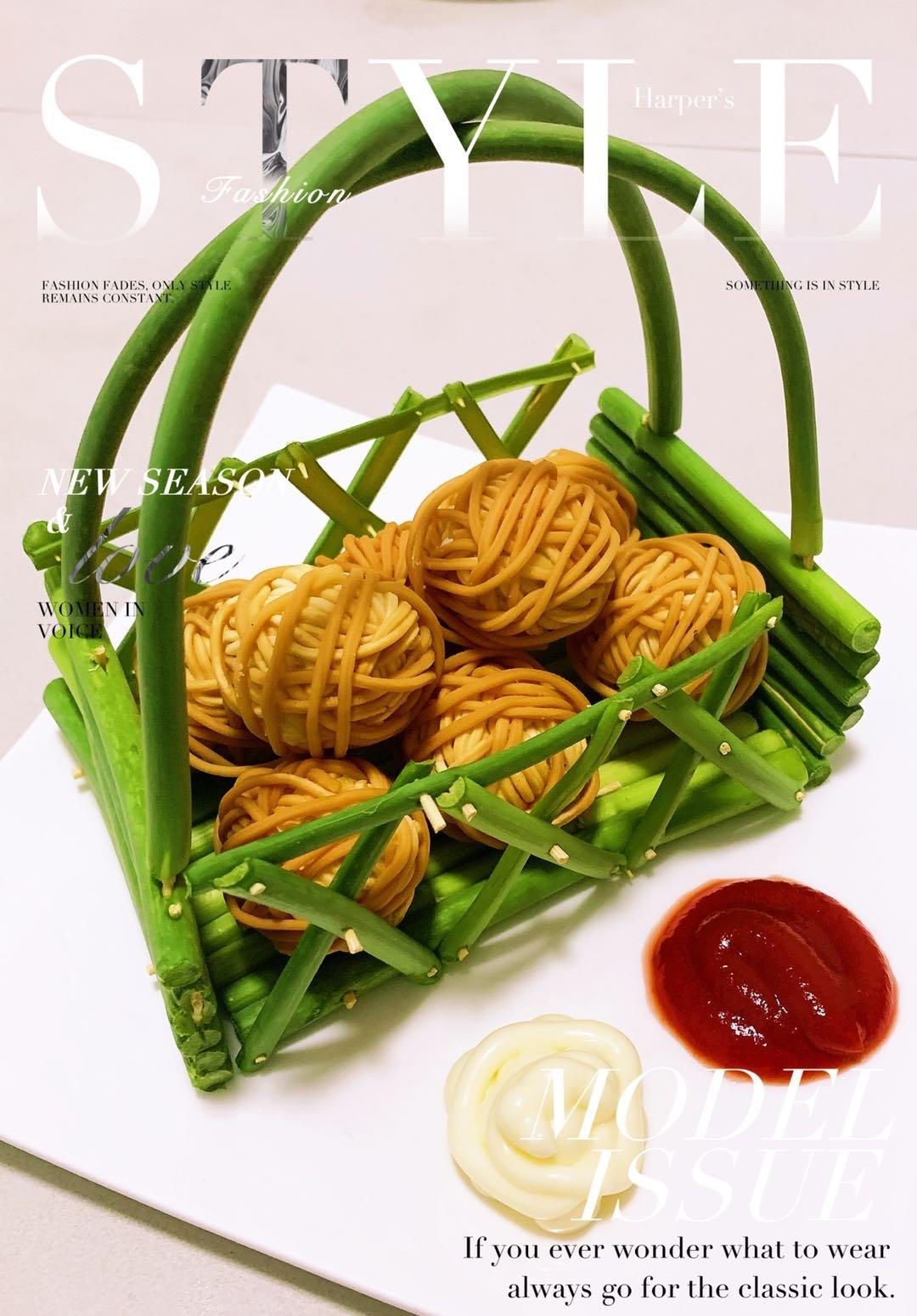 蔬菜盘饰拼盘摆盘（蒜苔小花篮）
