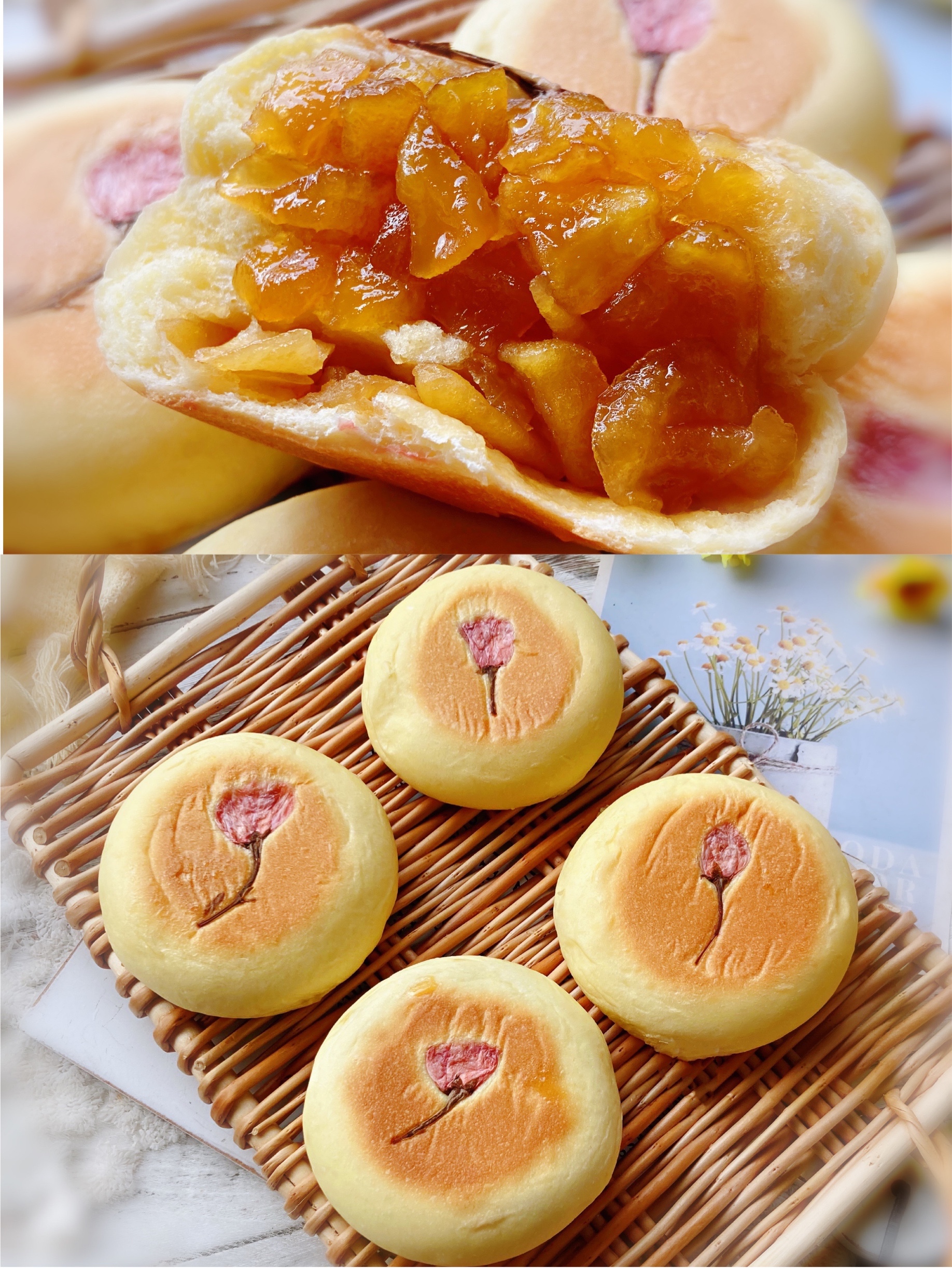 ‼️焦糖苹果樱花🌸面包‼️一次性发酵