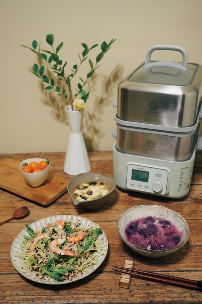 轻脂！健康！鲜虾藜麦沙拉+紫薯银耳羹+蟹味菇玉豆腐【北鼎双层蒸锅食谱】的做法