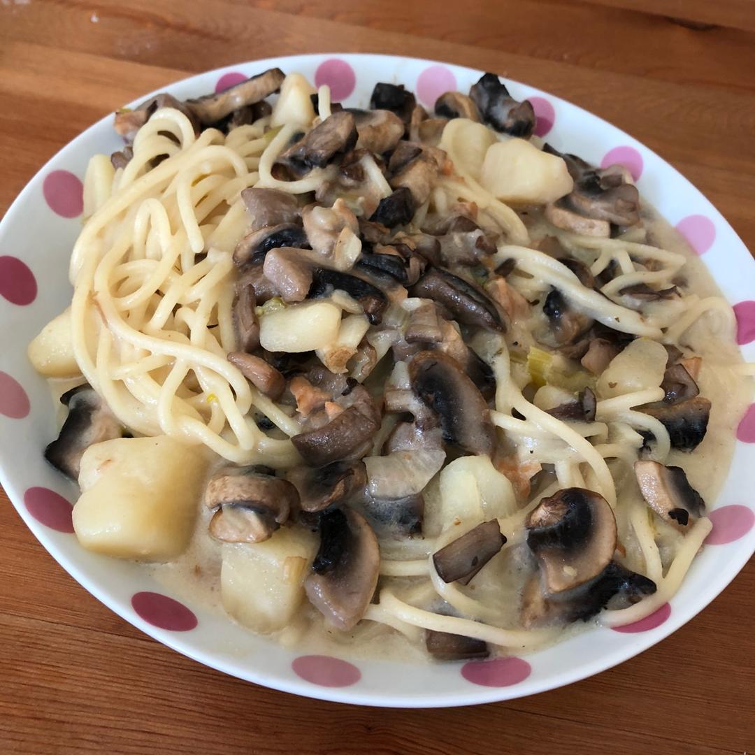 白蘑菇奶油培根意面