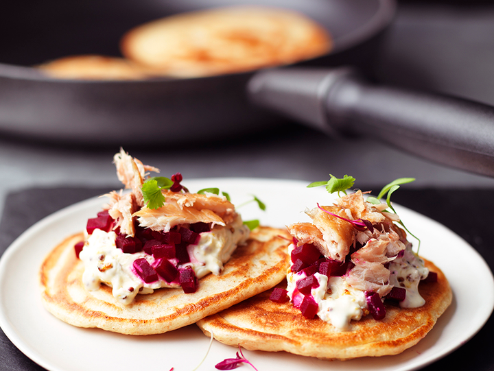 Spelt Blinis with Mustard Sour Cream, Beetroot and Smoked Mackerel