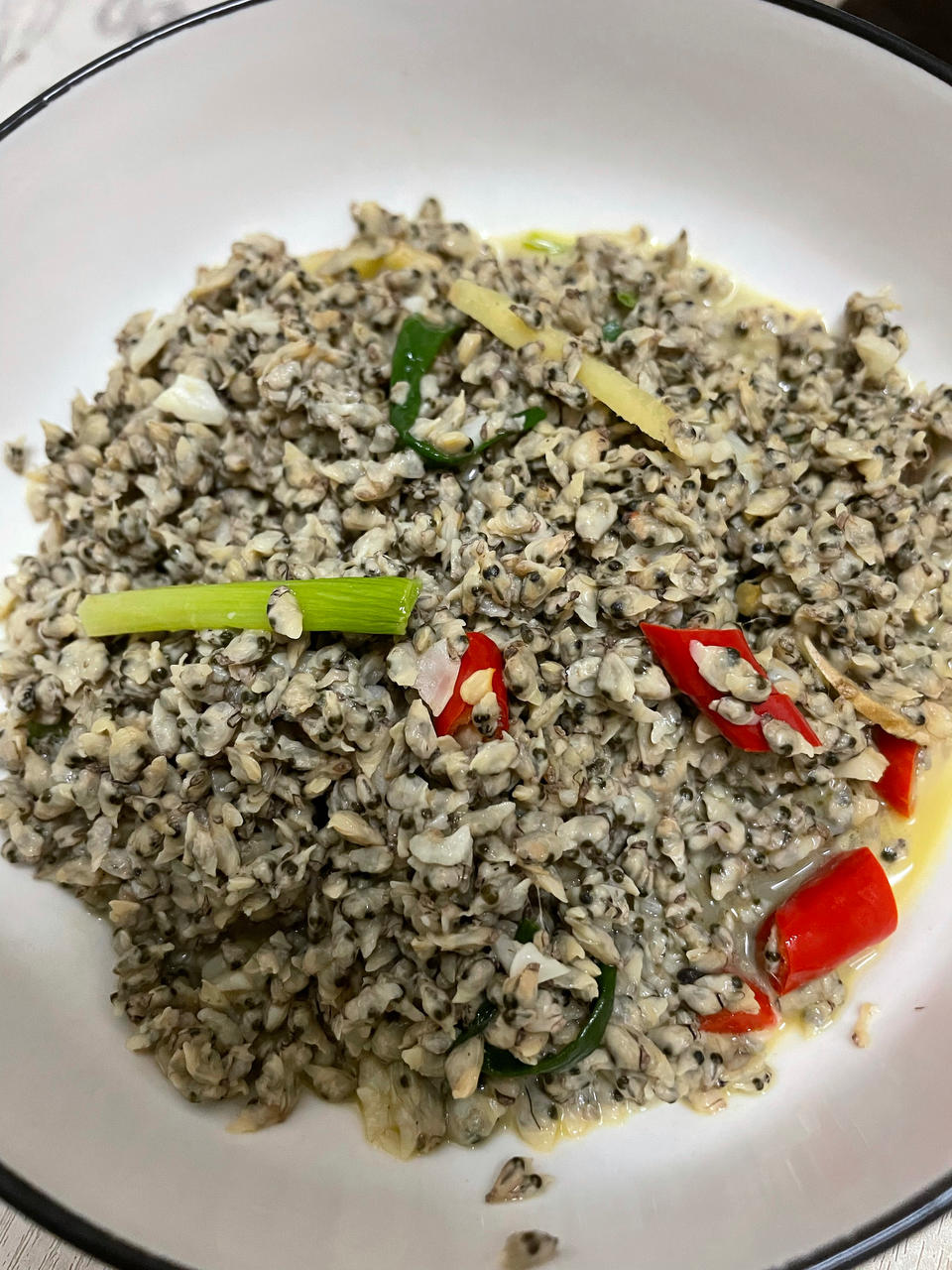 韭菜炒（薄壳）潮汕红肉米做法