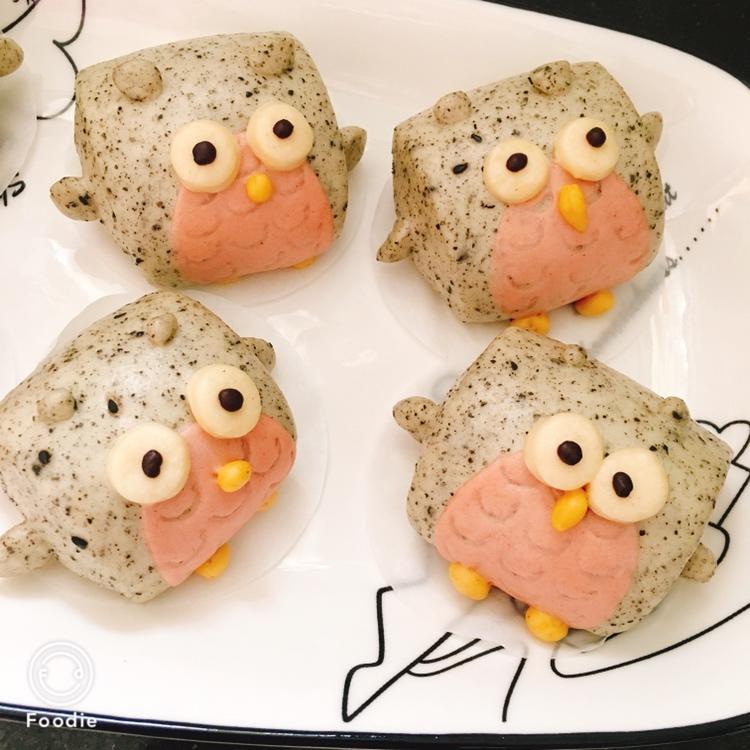 卡通刀切馒头系列之——猫头鹰奶香黑芝麻馒头