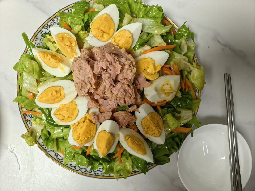 没有沙拉酱，那就做一份油醋汁金枪鱼沙拉吧！量大管饱！