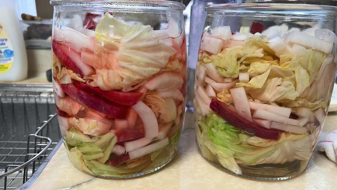 自制冬天里泡菜，包菜白萝卜