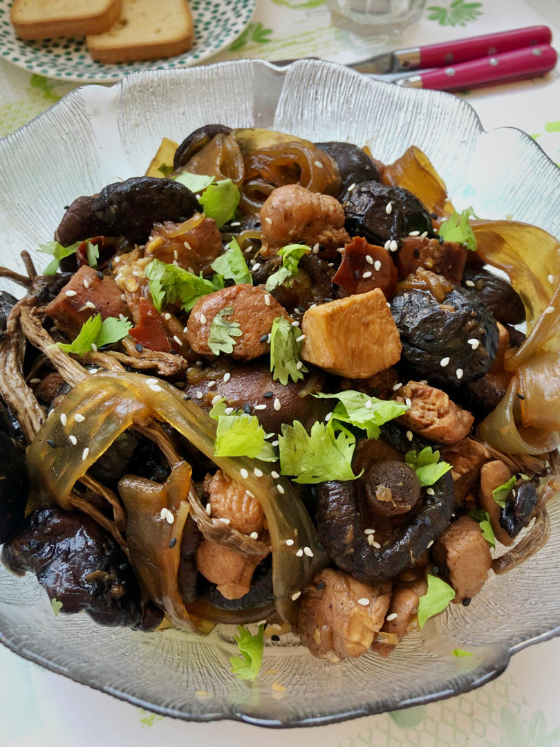 鸡肉蘑菇炖宽粉Stewed Chicken with Glass Noodles