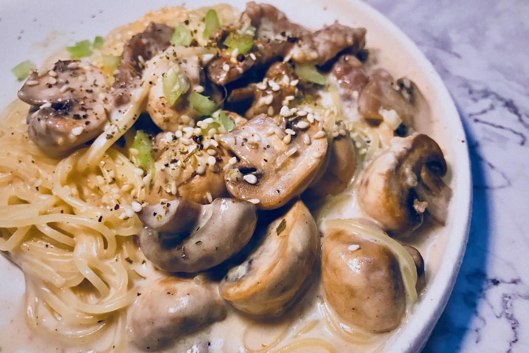 低卡伪白酱奶油培根蘑菇意大利面｜#Healthymeals# 减脂必撸02