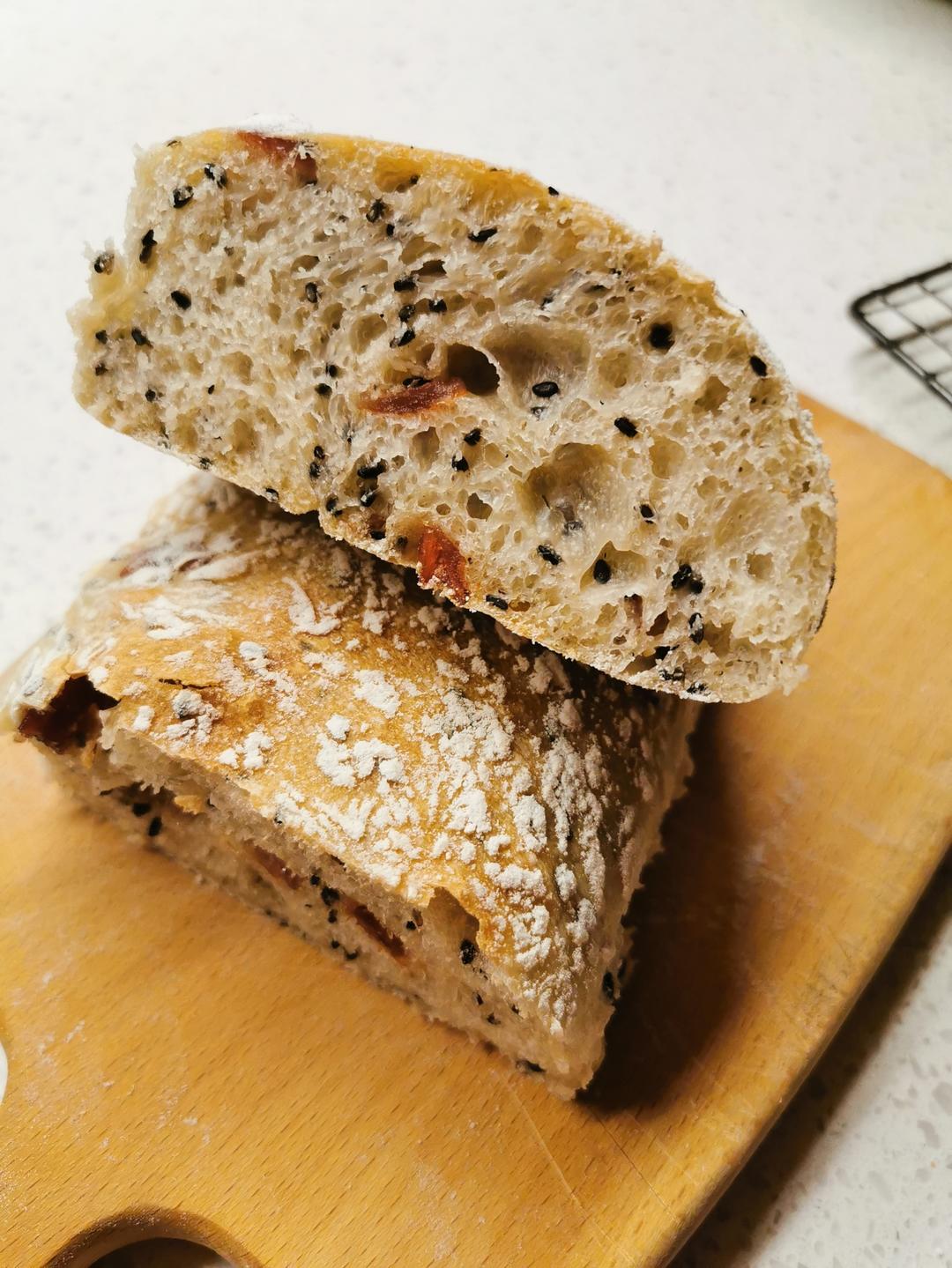 🥖黑芝麻蔓越莓面包｜无油糖无需揉面🉑