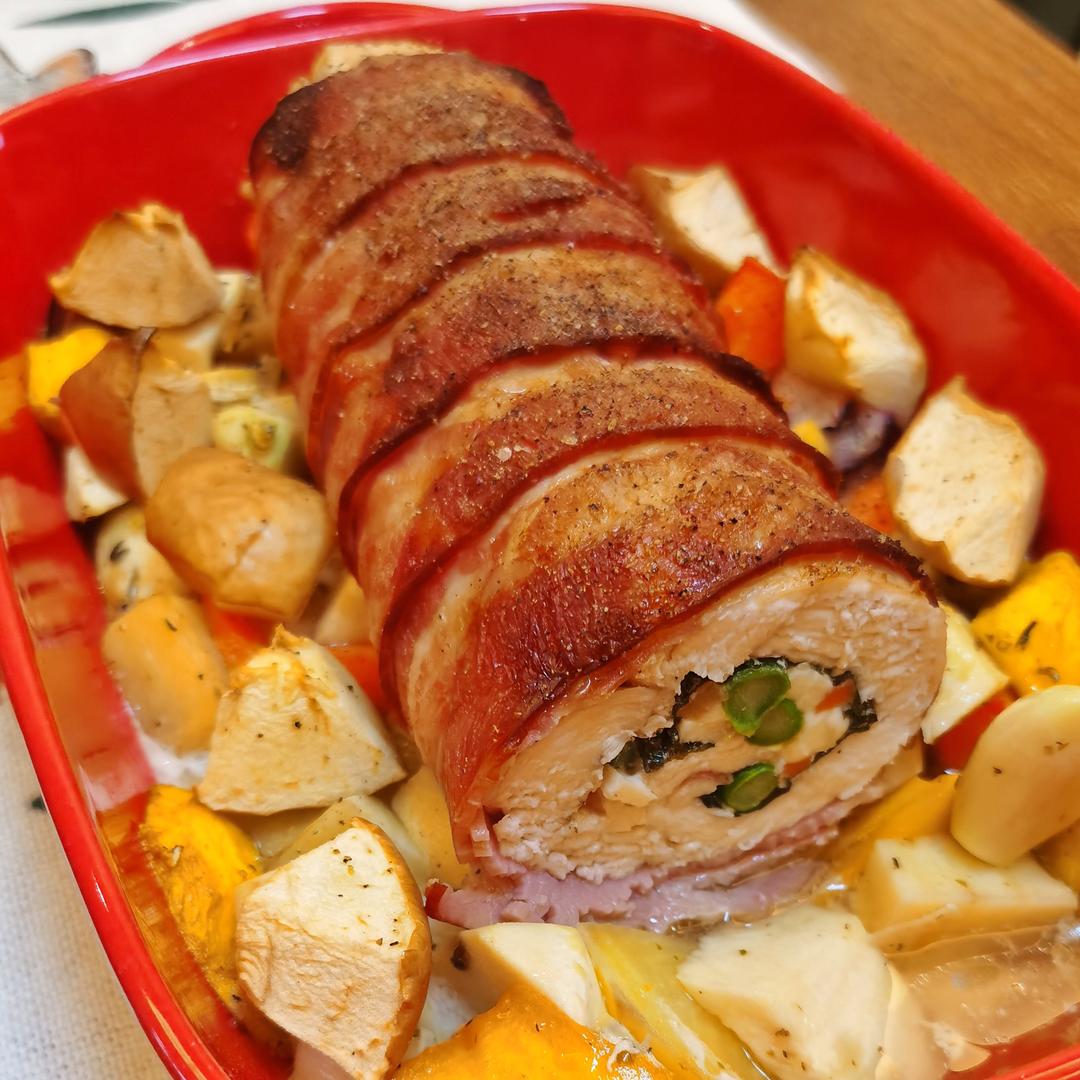 圣 诞 晚 餐 之 烤培根鸡肉蔬菜卷