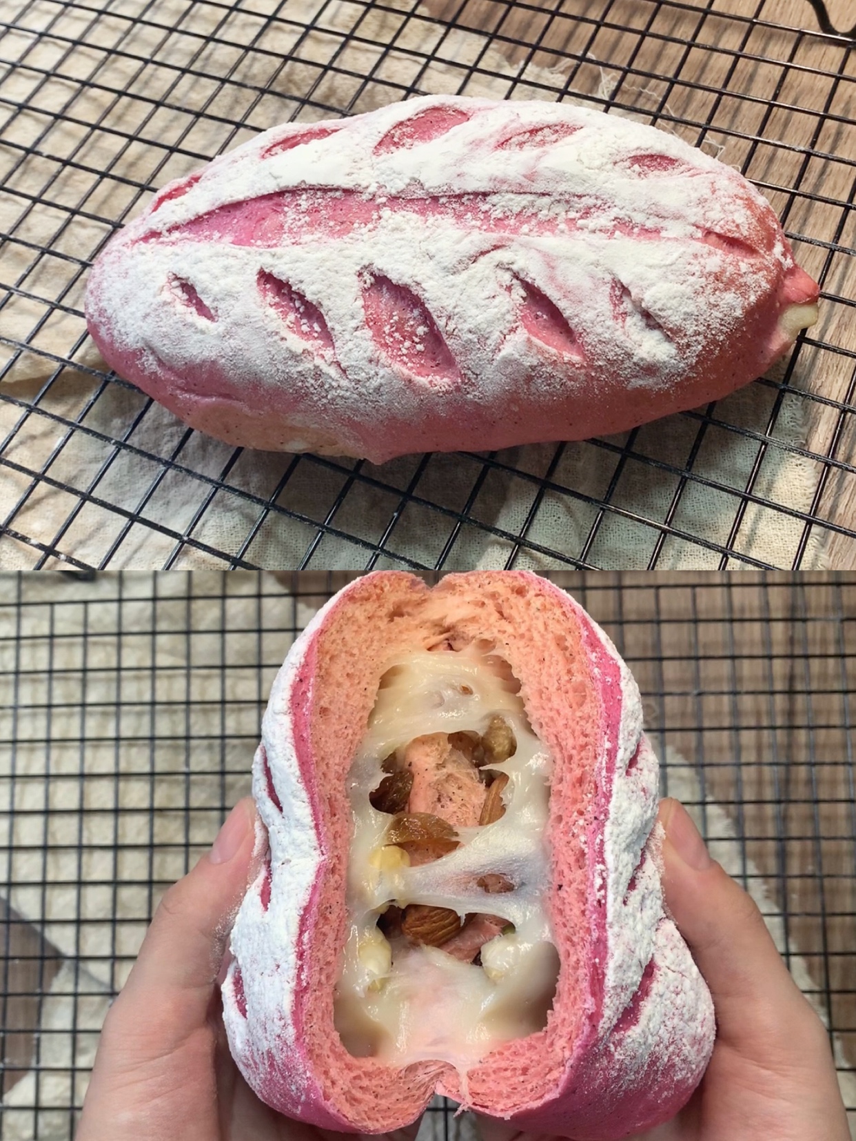会拉丝的面包、火龙果麻薯欧包的做法