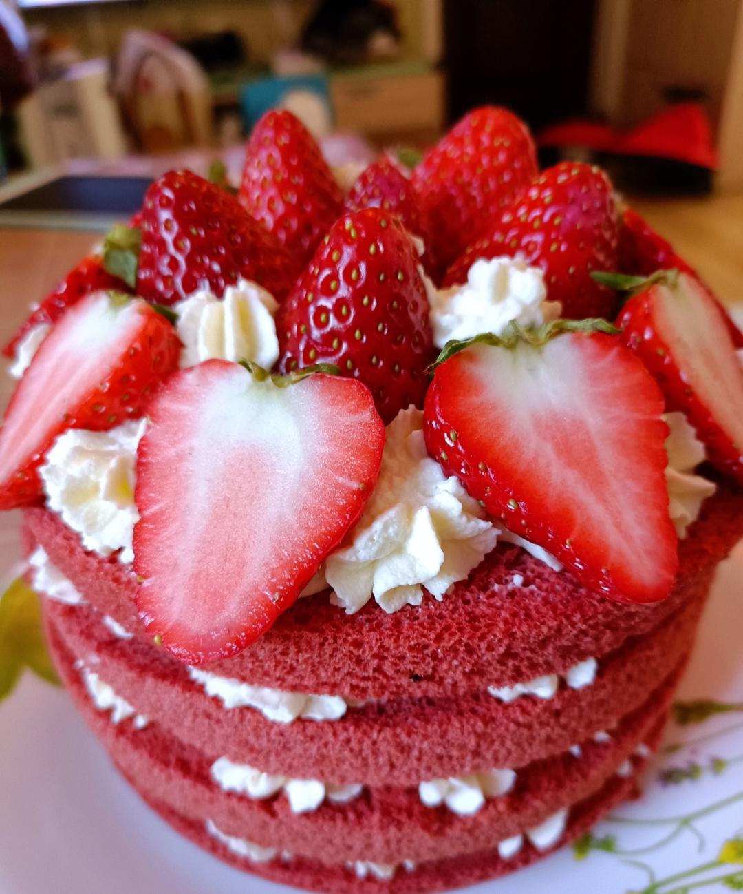 草莓红丝绒奶油裸蛋糕🍓 红丝绒蛋糕（细节版 新手可用）