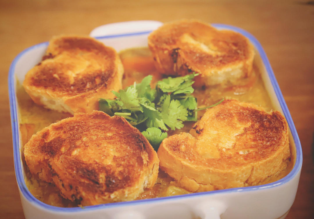 酸奶咖喱虾仁焗面包咸布丁【健康一锅端】