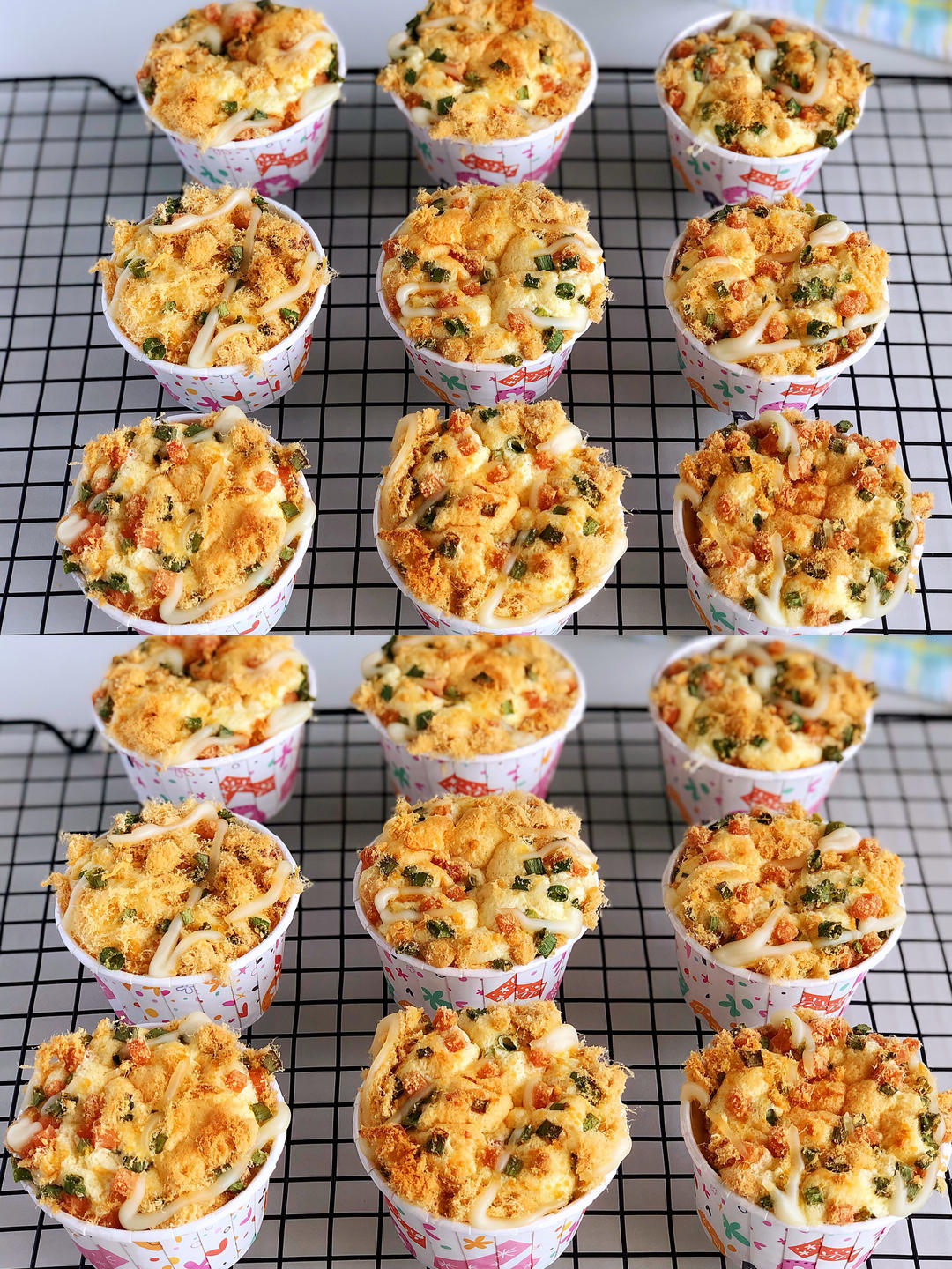 超级松软的香葱肉松火腿杯子蛋糕，不塌陷不回缩，料足巨好吃