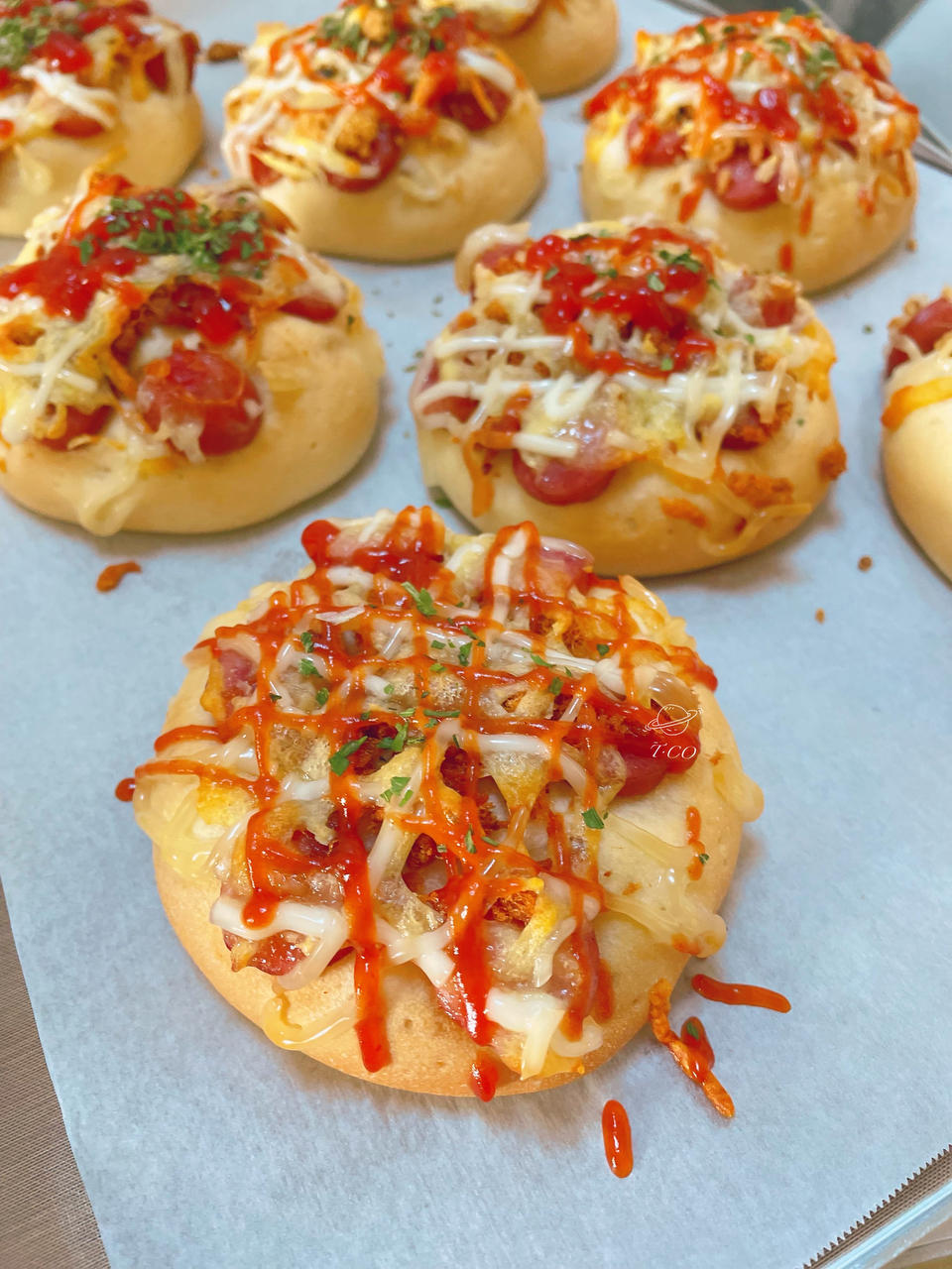 🍕快手简单｜一次发酵｜可可爱爱火腿披萨小面包｜学生早餐