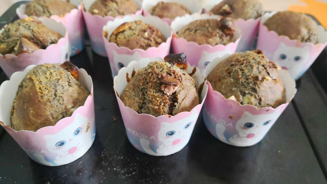 【无糖无黄油+超简单快手】开花全麦巧克力香蕉马芬！湿润柔软细腻，宝宝爱的味道！