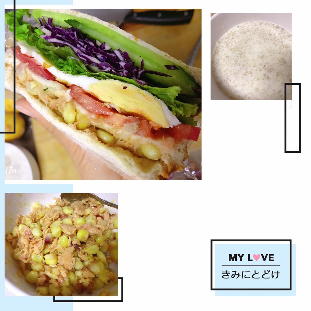 金枪鱼玉米青瓜番茄生菜鸡蛋三明治减脂
