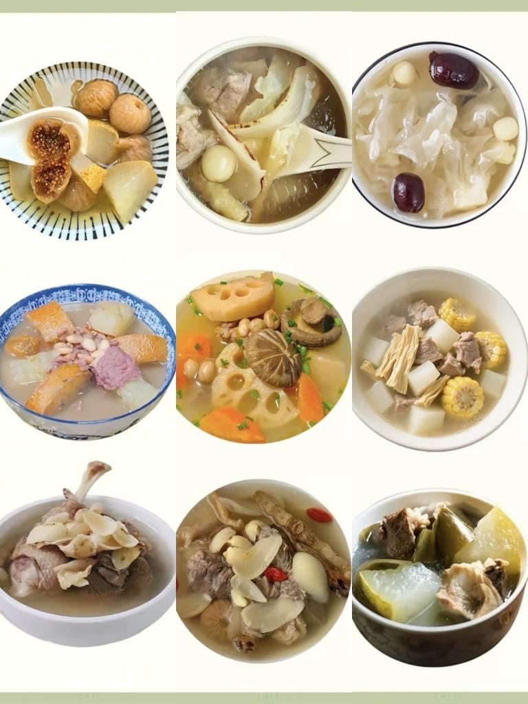 汤：雪梨无花果茶、老黄瓜赤小豆扁豆汤、百合酱鸭汤、沙参玉竹猪肺汤、莲藕蘑菇润燥汤、无花果北沙参百合猪蹄汤、银耳莲子羹、腐竹萝卜粟米瘦肉汤、冬瓜荷叶煲老鸭