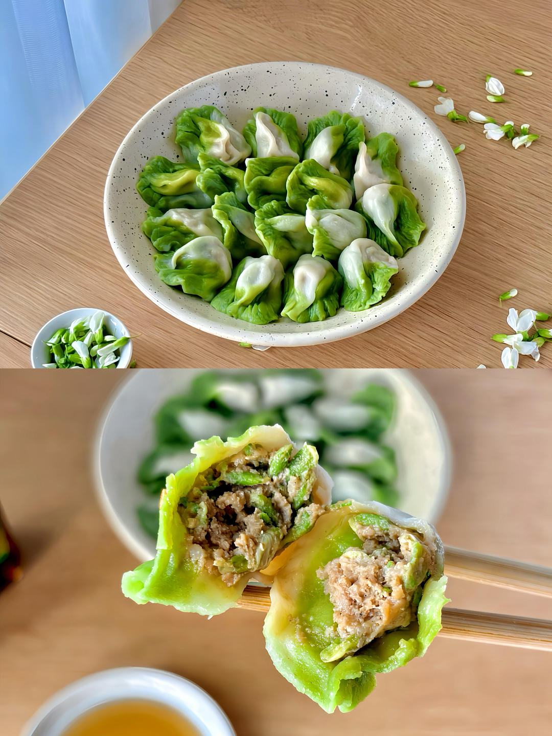春天限定⎮槐花馅翡翠白玉白菜饺太绝了