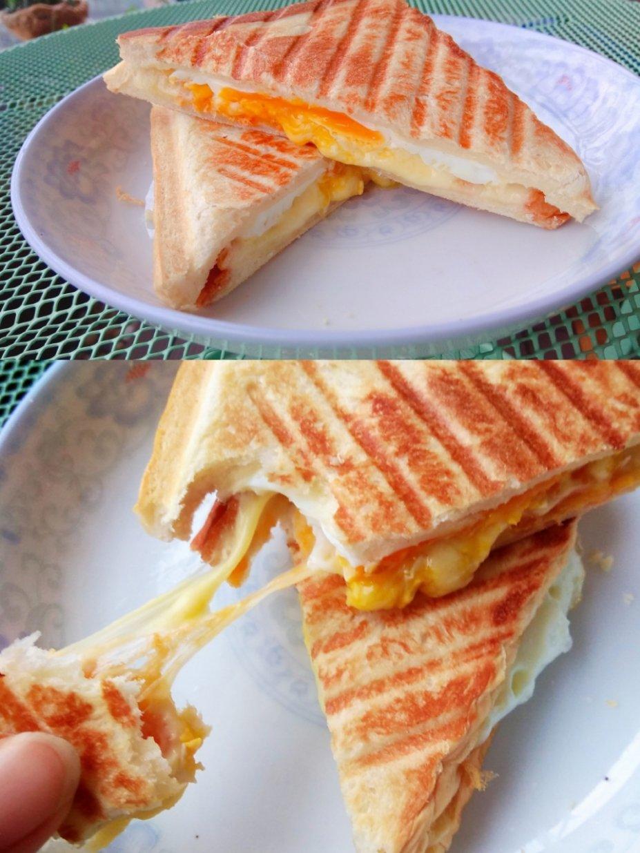 三个人的烟火做的培根鸡蛋芝士帕尼尼