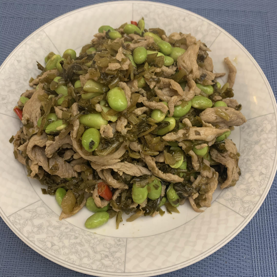 咸菜肉丝炒毛豆