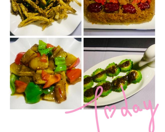 素餐搭配✅干煸藕丝+溜冬瓜+苦瓜酿桂花+红枣糯米饭😆感恩食素🙏的做法