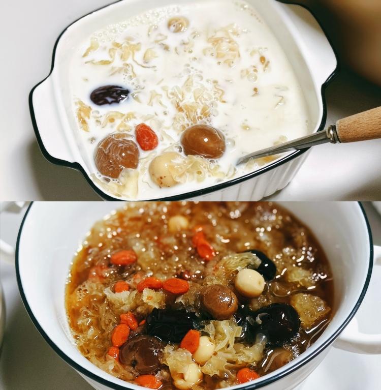 秋冬最爱的养生甜品➈┇燕窝银耳枸杞红枣桂圆莲子牛奶🥛┇解秋燥补气血┇减脂期不加糖┇夏天＋冰牛奶就是爽歪歪的甜品咯！
