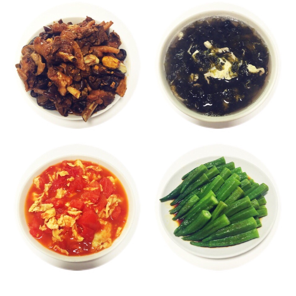 译家三口（红烧蘑菇鸡、清煮秋葵、番茄炒蛋、紫菜汤）20160907