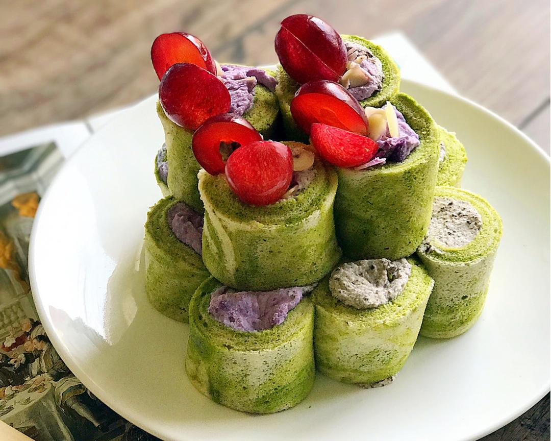 IG很火的日本蛋糕卷塔roll cake tower (抹茶大理石)紫薯奥利奥奶油馅的做法