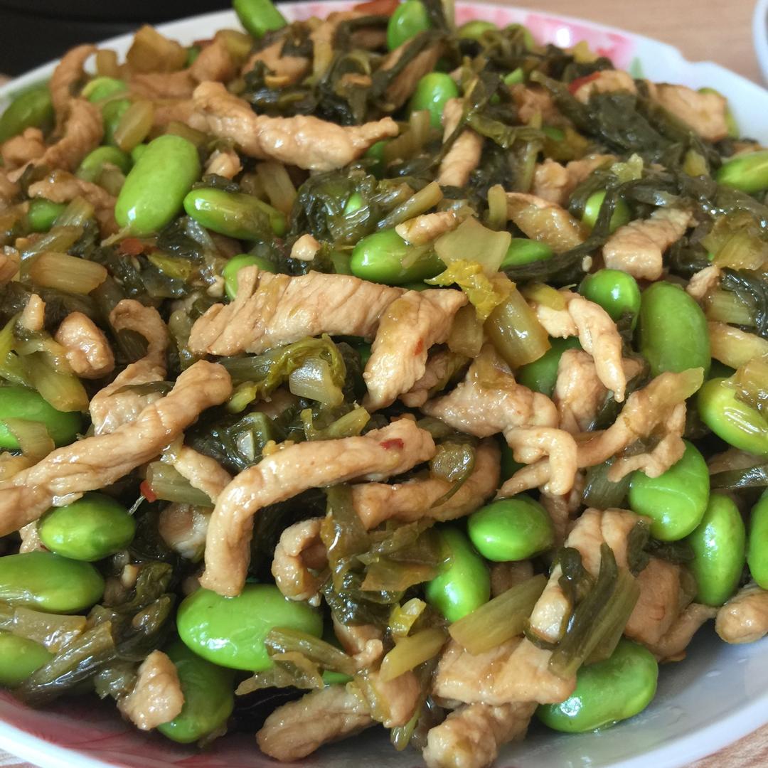 a刘京徽做的咸菜肉丝炒毛豆