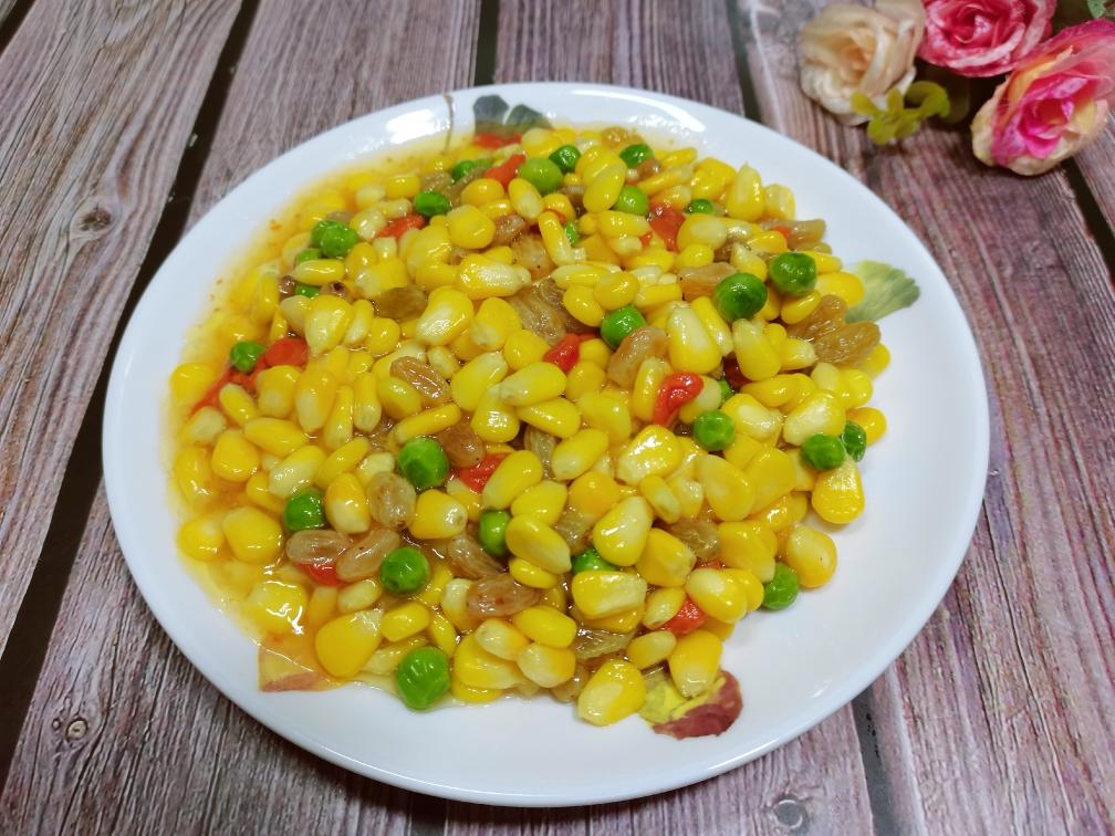 葡萄干炒玉米粒的做法