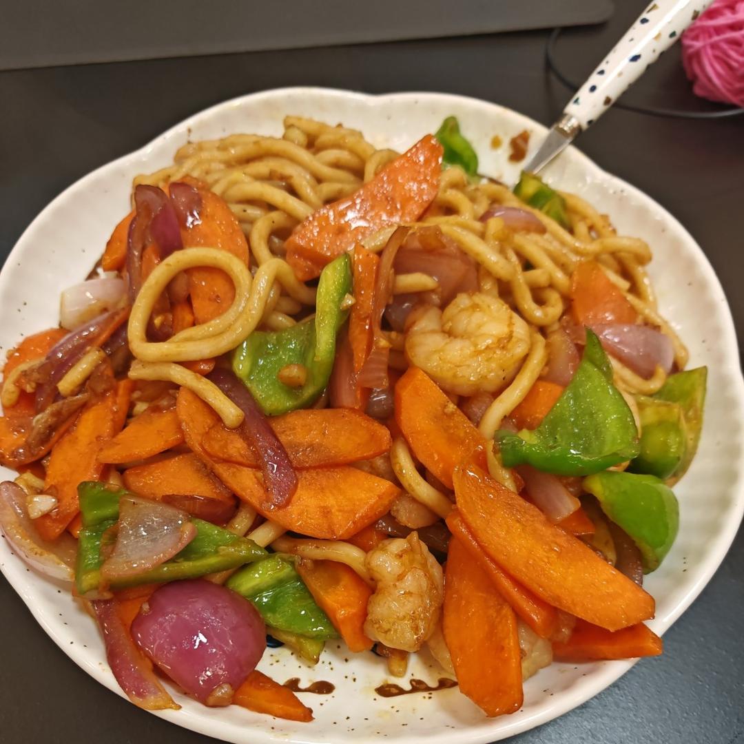 黑椒虾仁乌冬面