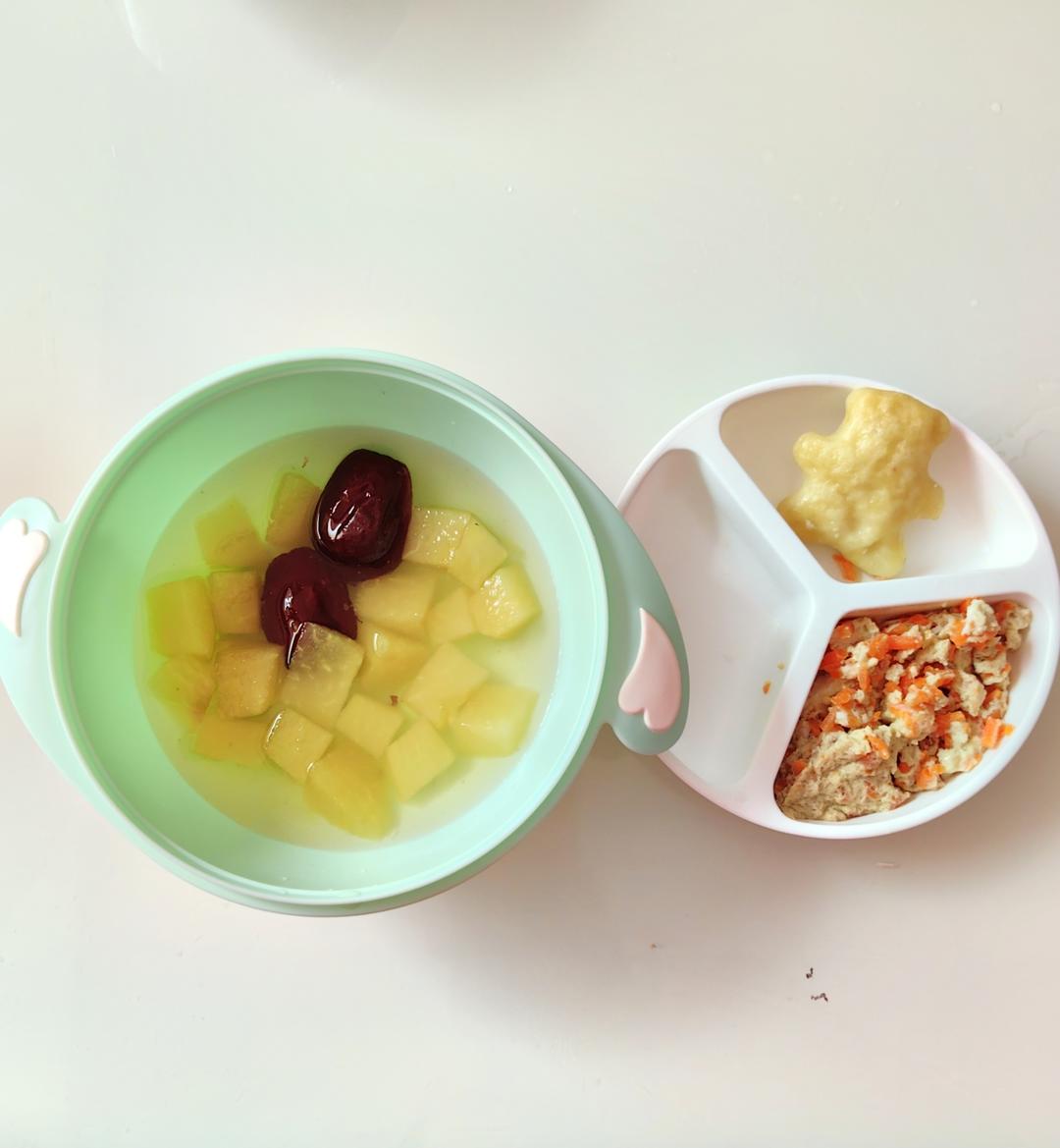 一岁＋宝宝早餐一锅出：苹果红枣汤，胡萝卜蒸蛋，红薯卡通馒头的做法
