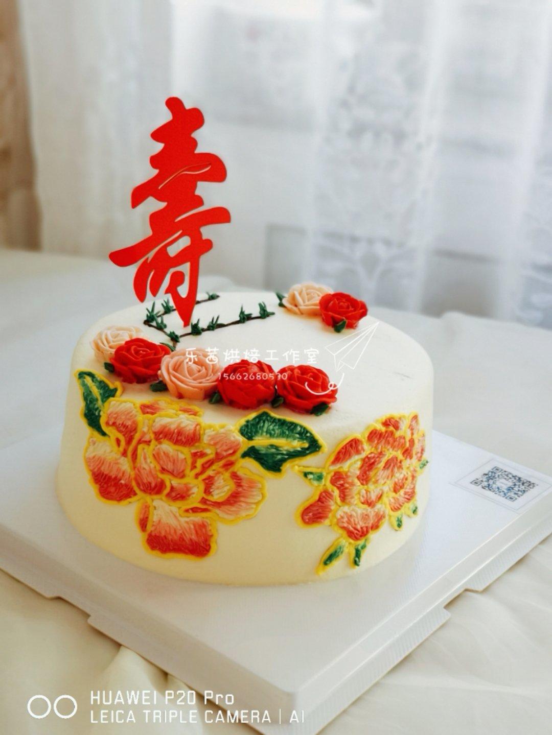 祝寿蛋糕——奶油霜刺绣松鹤常春