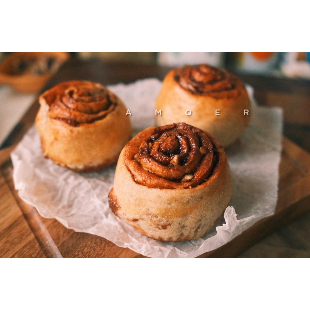 椰子油全麦免揉核桃肉桂卷【轻卡小食】——懒癌晚期版
