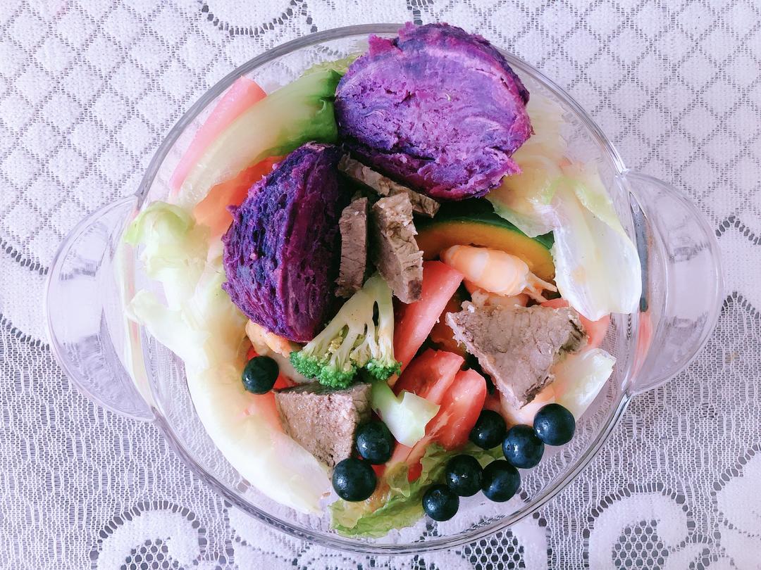 轻食Fri款-蓝莓珠牛虾紫薯兰花餐