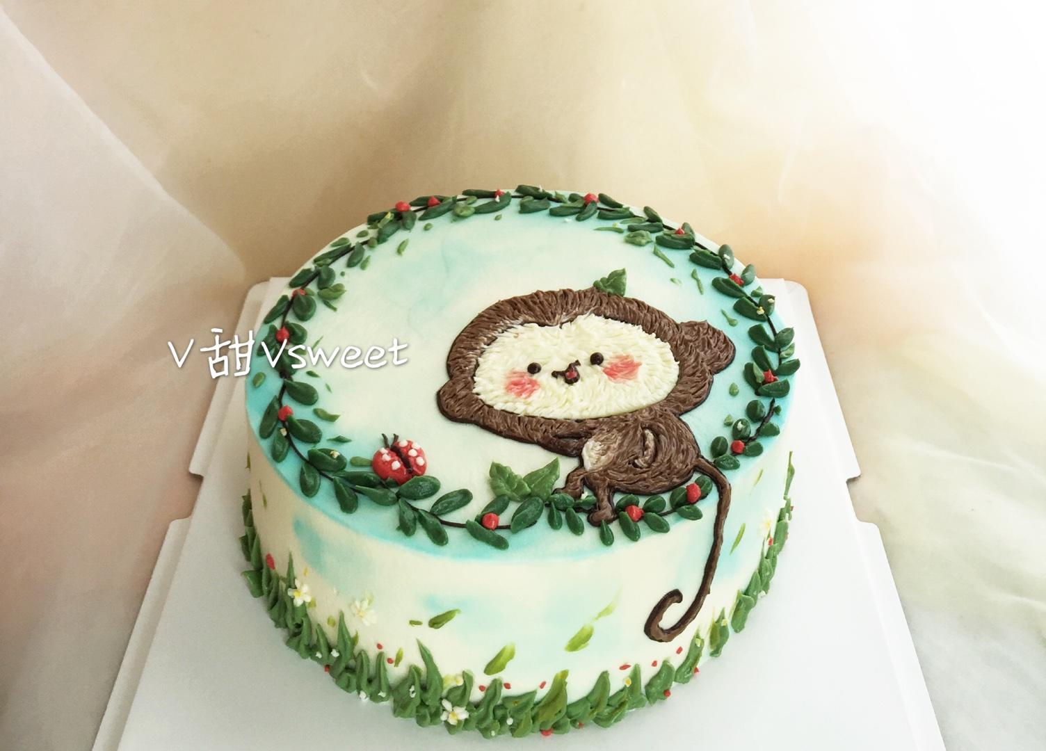 萌萌的小猴子奶油霜手绘蛋糕的做法