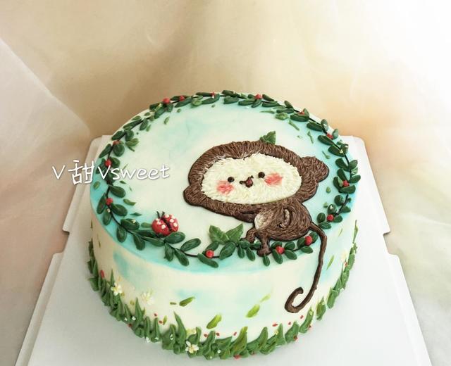 萌萌的小猴子奶油霜手绘蛋糕