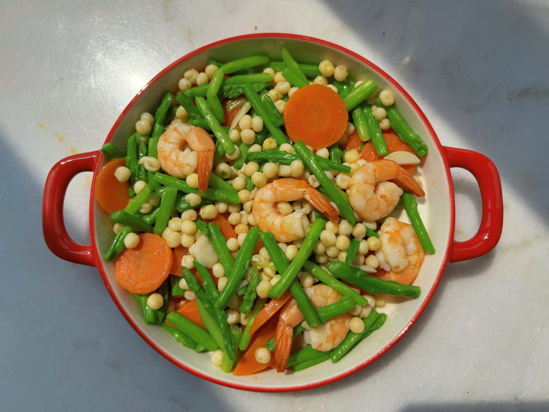 鸡头米芦笋溜虾仁【江南时令美食】