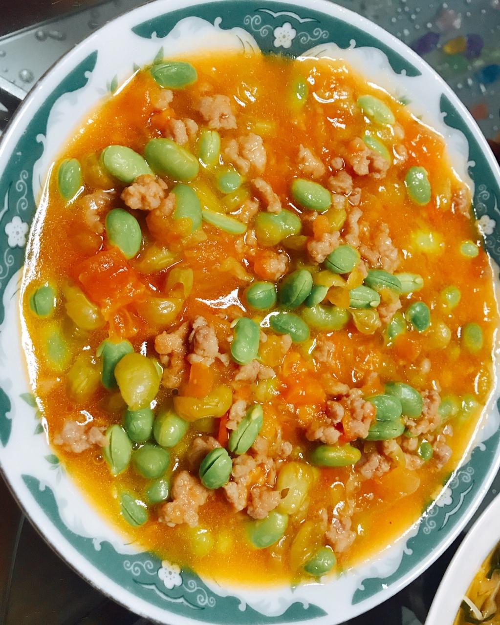 肉末番茄烧毛豆