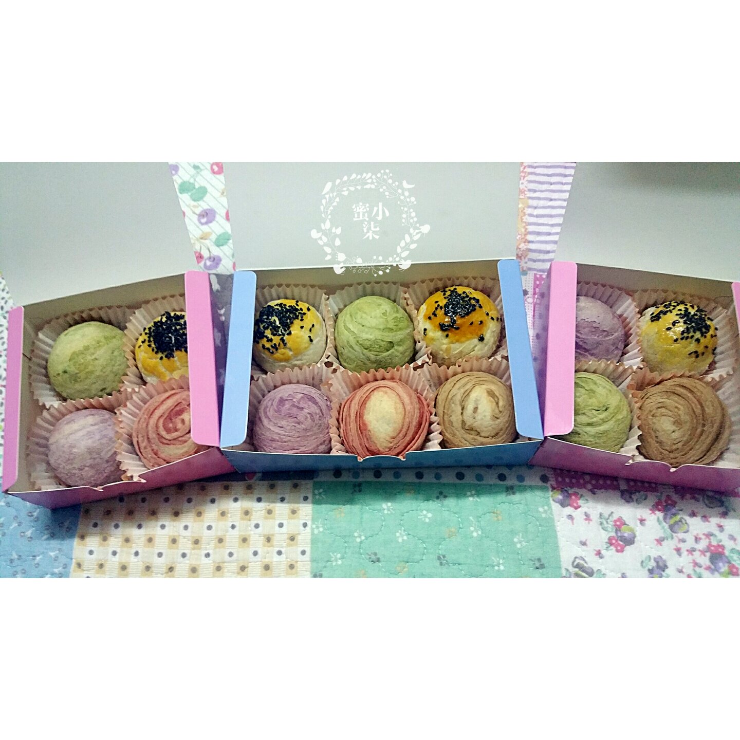 蛋黄酥~紫薯、抹茶、原味~花好月圆，中秋快乐~内附一次做六色蛋黄酥方法~