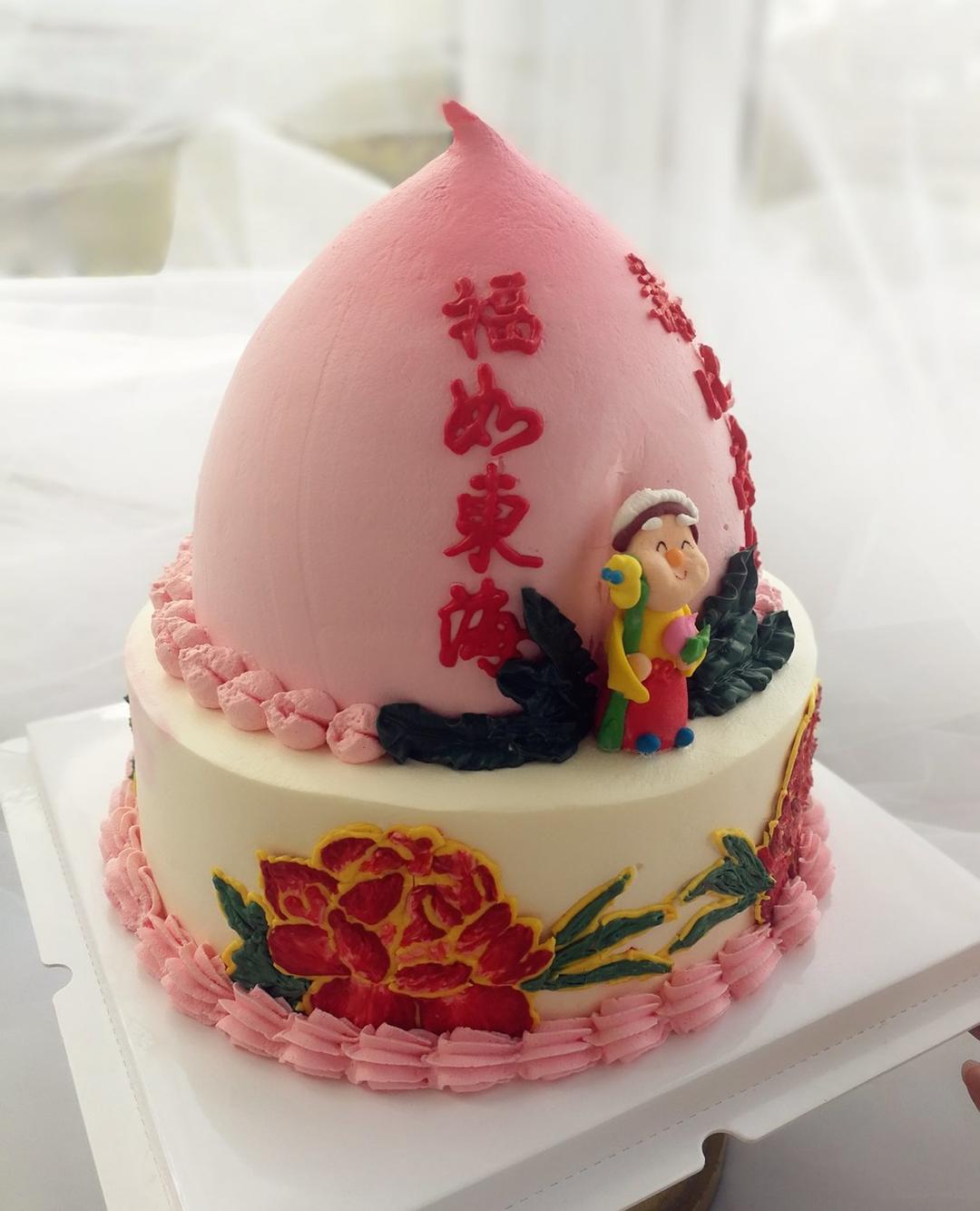 三层富贵牡丹贺寿蛋糕