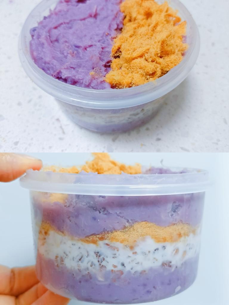 低脂饱腹的芋泥肉松燕麦杯的做法