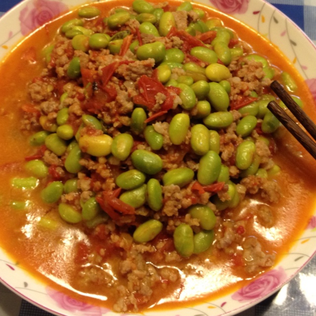 肉末番茄烧毛豆